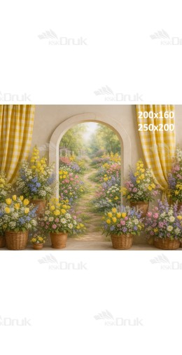 Tło fotograficzne z pastelową kwiatową alejką i żółtymi akcentami | E600